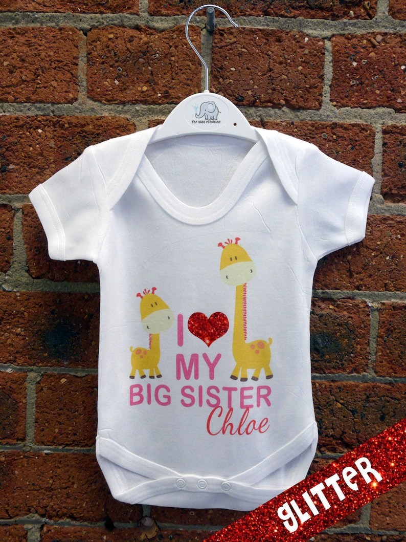I Love My Big Sister NAME Baby Vest Baby Grow Baby Playsuit Glitter