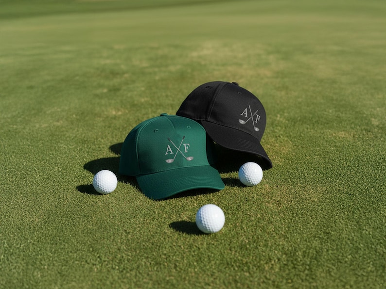 Green and Black Personalised Embroidered Golf Cap On a golf Green