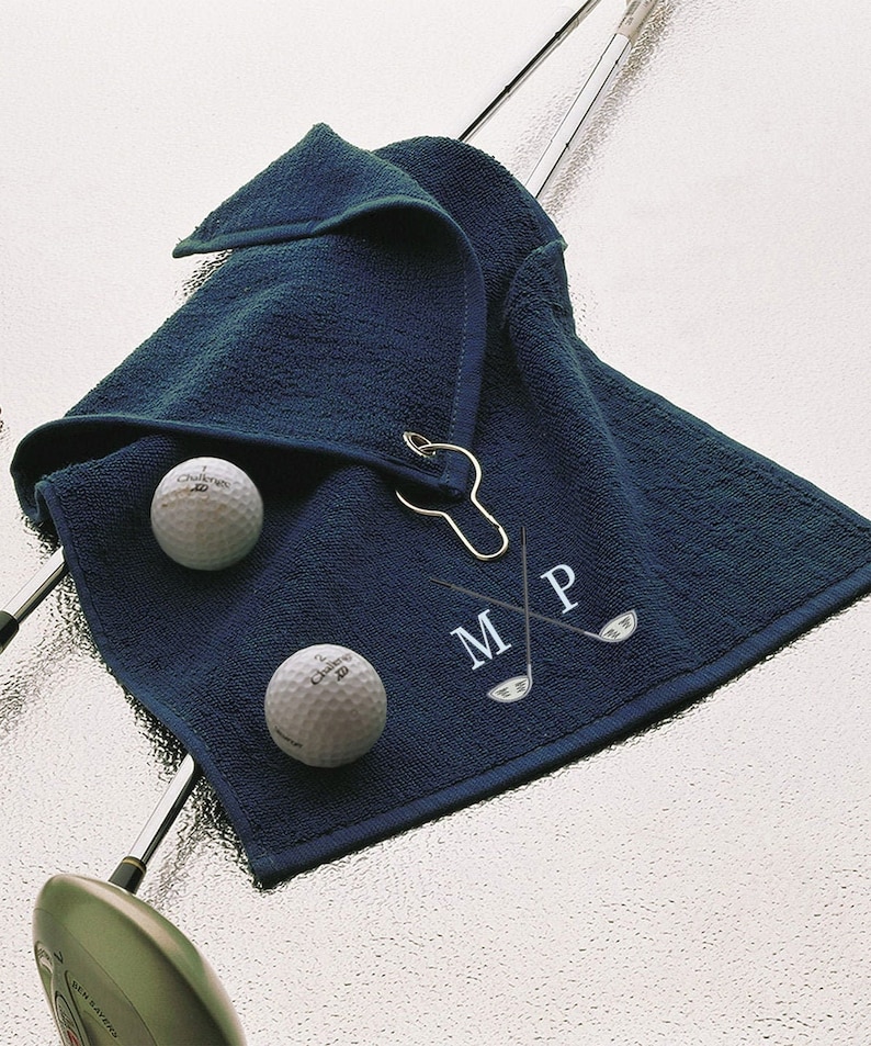 Personalised Embroidered Golf Towel \/ Crossed Golf Club Design  - Personalised Golf Towel - Gift for Golfer