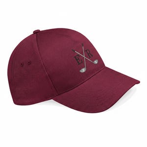 Burgundy Golf Cap Embroidered with Cross Golf Club design and personalised Initials