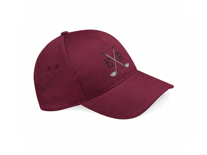 Burgundy Golf Cap Embroidered with Cross Golf Club design and personalised Initials