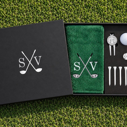 Personalised Golf Gift Box Set – Embroidered Golf Towel, Golf Repair Tool, Golf Ball Marker, Golf Tees and Golf Ball - Gift for Golfer
