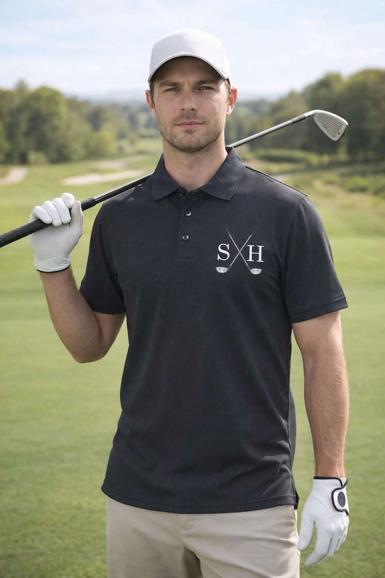 Our personalised golf polo shirt. Model is wearing a size large with the customised initials SH.
