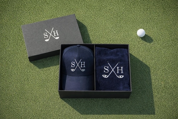 Personalised Golf Cap and Towel Gift Set - Gift box with embroidered golf cap and golf towel
