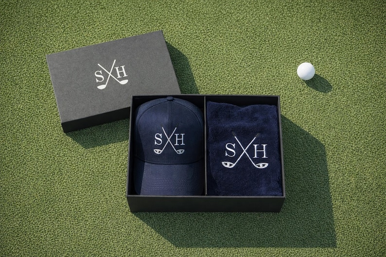 Golf Giftset with Golf Cap and Golf towel both personalised with embroidered initials and a cross golf club design