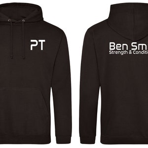 May include: Black hooded sweatshirt with "PT" printed on the front and "Ben Smith Strength & Conditioning" printed on the back.