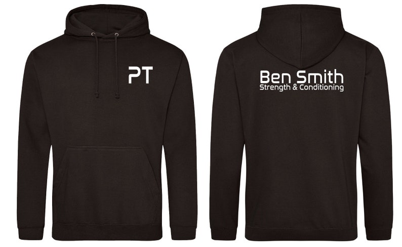 May include: Black hooded sweatshirt with "PT" printed on the front and "Ben Smith Strength & Conditioning" printed on the back.