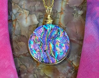 Skye ~ Dichroic Glass Circle Pendant in Purples, Pinks and Rainbow Colors