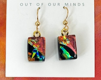 Yosemite ~ Striking Dichroic Glass Rectangle Drop Earrings in Copper, Green, Black and Gold