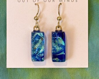 Capri ~ Dichroic Glass Elongated Rectangle Drop Earrings in Shades of Blues and Aqua