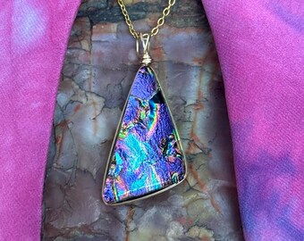 Skye ~ Large Dichroic Glass Triangle Pendant in Purple and Pink with Rainbow Accents