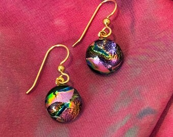 Skye ~ Dichroic Glass Circle Drop Earrings in Pinks and Rainbow Flashes