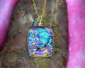 Skye ~ Arty Dichroic Glass Rectangle Pendant in Purple and Cyan with Rainbow Flashes