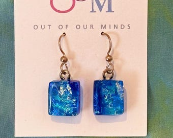 Capri ~ Dichroic Glass Rectangle Drop Earrings in Blues with Flashes of Cyan and Silver
