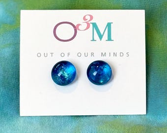 Capri ~ Dichroic Glass Round Studs in Blue with Aqua Accents