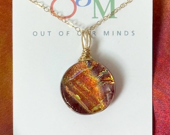 Sedona ~ Dichroic Glass Circle Pendant with Strokes of Copper and Gold on Warm Rust