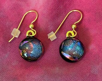 Skye ~ Dichroic Glass Circle Drop Earrings in Purple and Blue