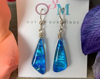 Capri ~ Gorgeous Triangle Dichroic Glass Earrings in Turquoise Blue with Flashes of Aqua