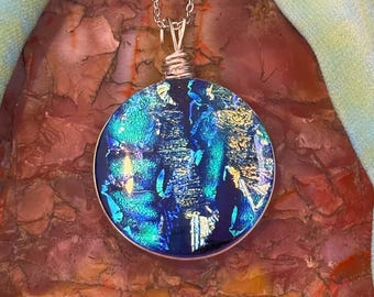 Capri ~ Large Dichroic Glass Circle Pendant in Blues, Aqua and Silver Flashes