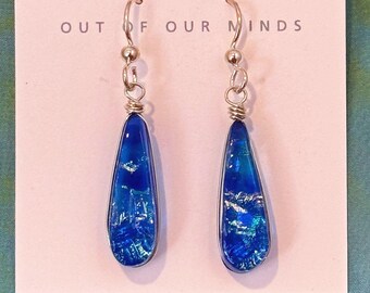 Capri ~ Dichroic Glass Teardrop Dangle Earrings in Blues with Flashes of Silver and Cyan
