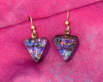 Skye ~ Funky Dichroic Glass Triangle Earrings in Purple and Blue with Rainbow Flashes