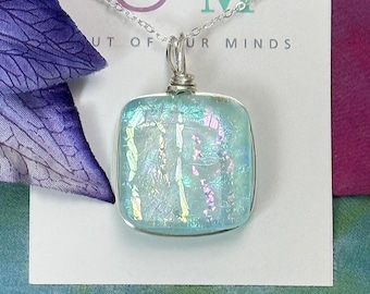 Iceland ~ Square Dichroic Glass Pendant in Pale Blue-Green with Flashes of Silver
