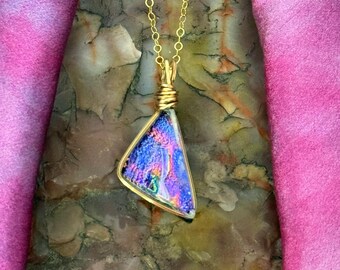 Skye ~  Small Dichroic Glass Triangle Pendant in Purple and Pink with Rainbow Flashes