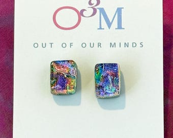 Skye ~ Dichroic Glass Rectangle Shaped Studs in Purple with Rainbow Accents