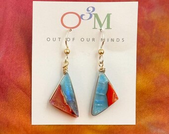 Moab ~ Artistic Dichroic Glass Triangle Earrings in Silver Blue and Red-Orange