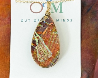 Sedona Sunset ~ Dichroic Glass Large Teardrop Pendant in Warm Auburn with Gold Flashes