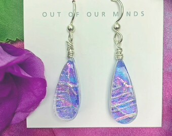 Provence ~ Lovely Dichroic Glass Teardrop Earrings in Lavender with Flashes of Pink