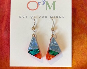 Moab ~ Dichroic Glass Triangle Drop Earrings in Cyan, Orange-Red and Silver Blue