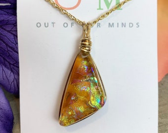 Rio ~ Dichroic Glass Triangle Pendant in Gold and Amber