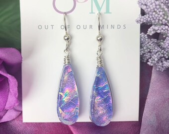 Provence ~ Gorgeous Dichroic Glass Teardrop Dangle Earrings in Shades of Lavender and Rainbow Accents