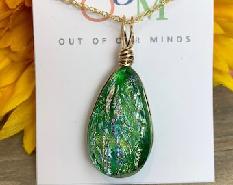 Kauai ~ Dichroic Glass Teardrop Pendant in Green with Flashes of Gold