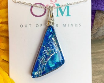 Capri ~ Dichroic Glass Triangle Shaped Pendant in Blue with Flashes of Cyan and Silver