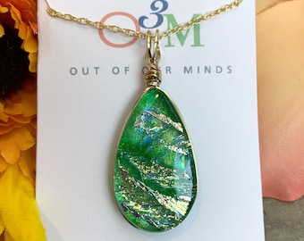 Kauai ~ Dichroic Glass Teardrop Pendant in Green with flashes of Gold