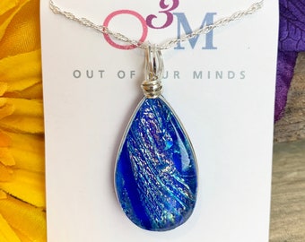 Capri ~ Dichroic Glass Teardrop Pendant in Blue with Flashes of Silver