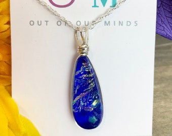 Capri ~ Dichroic Glass Teardrop Pendant in Deep Blues with Flashes of Silver