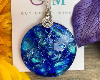 Capri ~ Dichroic Glass Large Circle Pendant in Blue with Flashes of Aqua