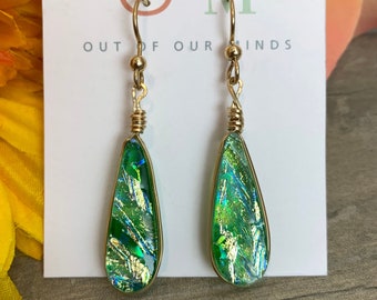 Kauai ~ Dichroic Glass Teardrop Dangle Earrings in Green with Flashes of Gold