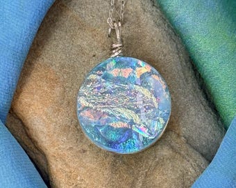 Iceland ~ Dichroic Glass Circle Pendant in Pale Aqua with Silver Streaks