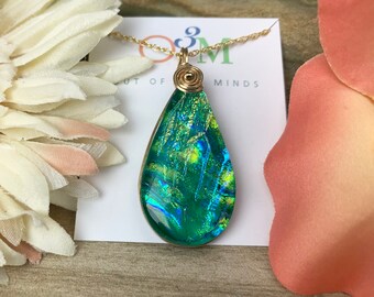Limerick - Emerald Green Dichroic Glass Teardrop Pendant with Flashes of Gold, Blue and Green