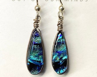 Laguna ~ Stunning Dichroic Glass Teardrop Dangle Earrings in Blue and Black With Flashes of Aqua