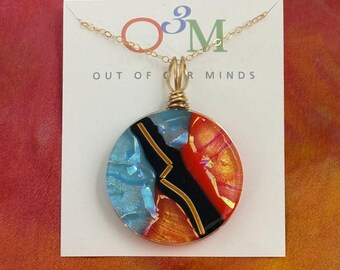 Moab ~ Unique Large Dichroic Glass Circle Pendant in Cyan, Orange, Black and Copper