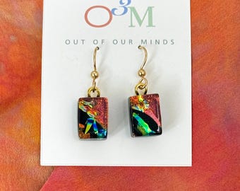 Yosemite ~ Striking Dichroic Glass Rectangle Drop Earrings in Copper, Green, Black and Gold