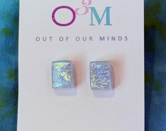 Iceland ~ Dichroic Glass Rectangle Studs in Pale Aqua with Silver Accents