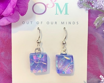 Provence ~ Fun Dichroic Glass Square Drop Earrings in Shades of Lavender with Rainbow Flashes