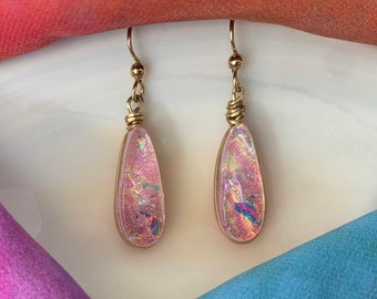 Bermuda ~ Dichroic Glass Dangle Earrings with Flashes of Gold & Coral