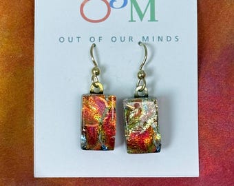 Sedona ~ Beautiful Dichroic Glass Rectangle Drop Earrings in Copper, Warm Red and Gold